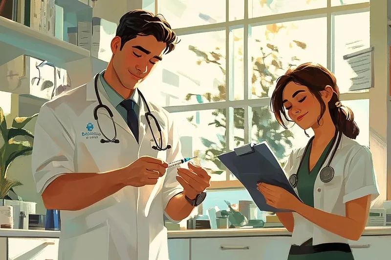Ilustración de la app: un enfermero prepara medicación junto a una enfermera que consulta una tablilla.