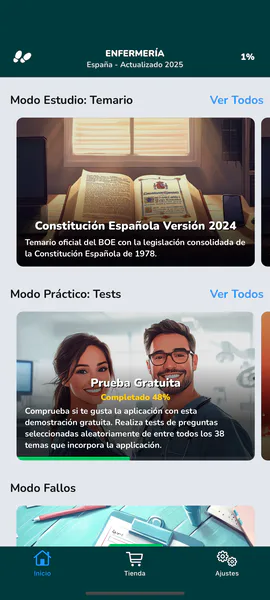 Inicio de la app: Modo Estudio con el temario y Modo Práctico con la Prueba Gratuita.