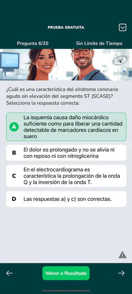Una pregunta de la Prueba Gratuita: «Pregunta 6/20», cuatro respuestas y la correcta marcada en verde.