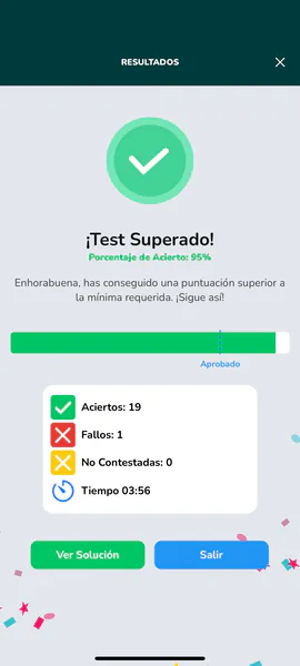 Resultado de un test: «¡Test Superado!» con el 95 % de aciertos, fallos y tiempo.