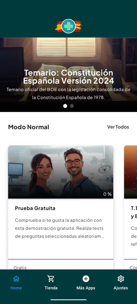 Temario de la app en carrusel y lista de tests del Modo Normal.