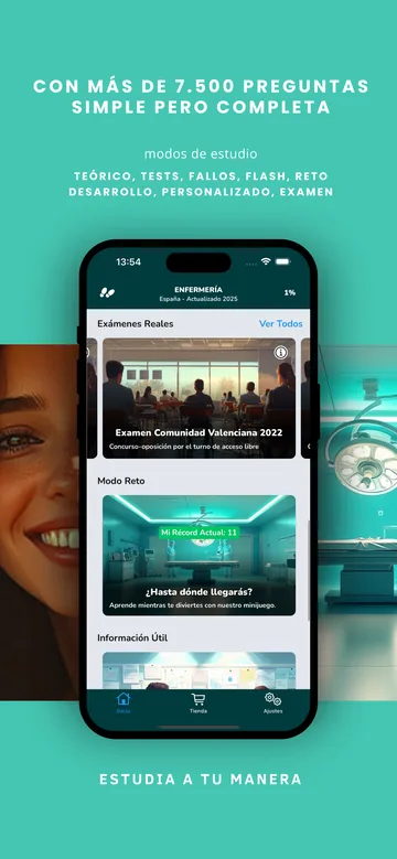 Imagen de la tienda: «Con más de 7.500 preguntas», con los modos de estudio.