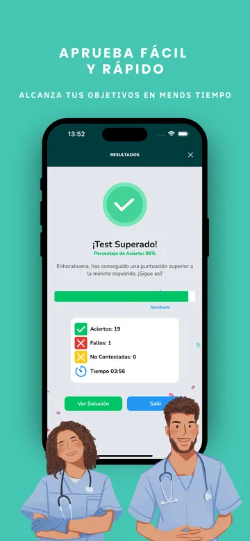 Imagen de la tienda: «Aprueba fácil y rápido», con la pantalla de Test Superado.